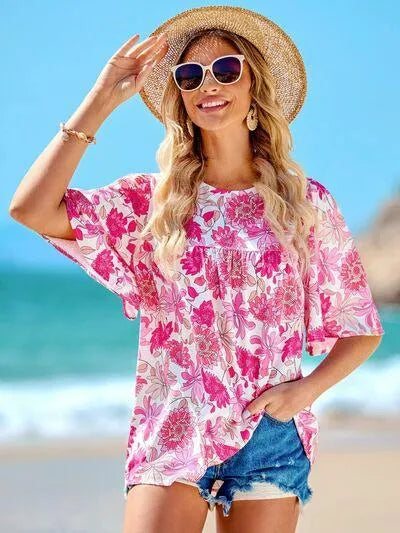 Floral Printed Half Sleeve Blouse for Everyday Style Jewelry Bubble