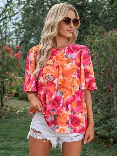 Floral Printed Half Sleeve Blouse for Everyday Style Jewelry Bubble