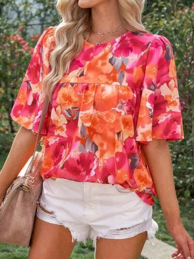 Floral Printed Half Sleeve Blouse for Everyday Style Jewelry Bubble