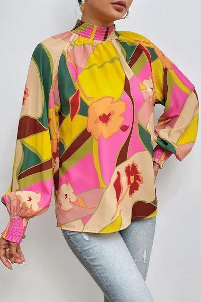 Floral Smocked Lantern Sleeve Blouse: Perfect for Any Summer Occasion! Jewelry Bubble