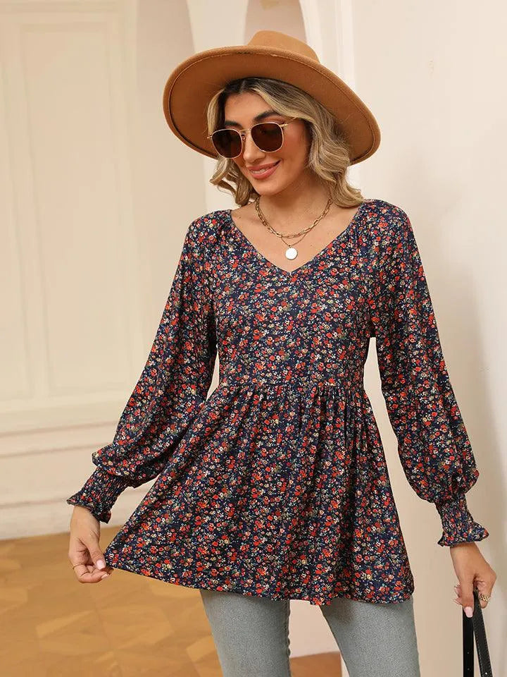 Floral V-Neck Blouse with Lantern Sleeves - Shop Now Jewelry Bubble