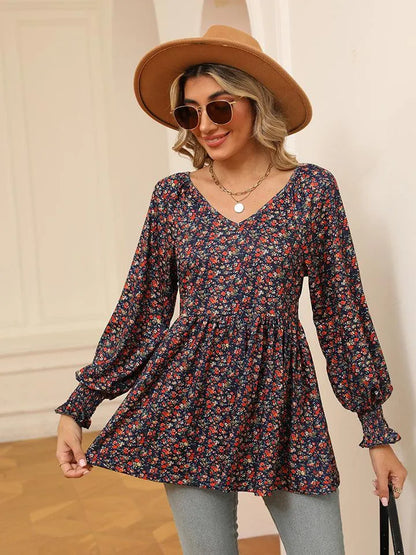 Floral V-Neck Blouse with Lantern Sleeves - Shop Now Jewelry Bubble