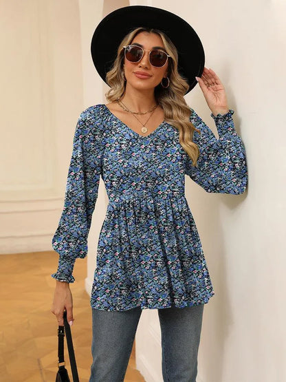 Floral V-Neck Blouse with Lantern Sleeves - Shop Now Jewelry Bubble