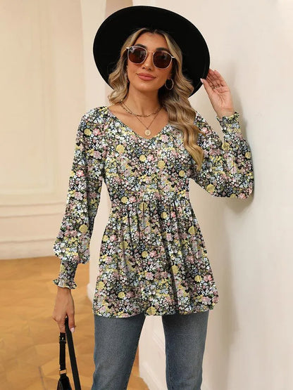 Floral V-Neck Blouse with Lantern Sleeves - Shop Now Jewelry Bubble