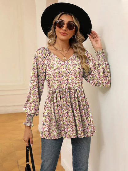 Floral V-Neck Blouse with Lantern Sleeves - Shop Now Jewelry Bubble