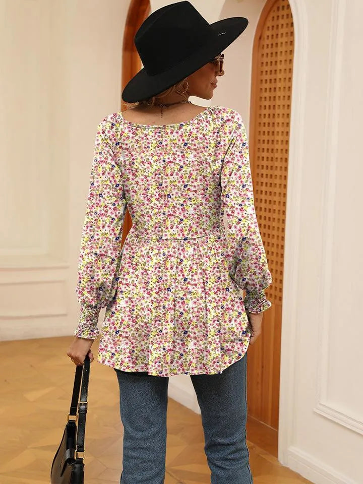 Floral V-Neck Blouse with Lantern Sleeves - Shop Now Jewelry Bubble