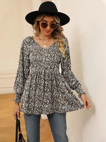 Floral V-Neck Blouse with Lantern Sleeves - Shop Now Jewelry Bubble