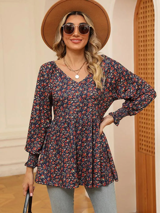 Floral V-Neck Blouse with Lantern Sleeves - Shop Now Jewelry Bubble