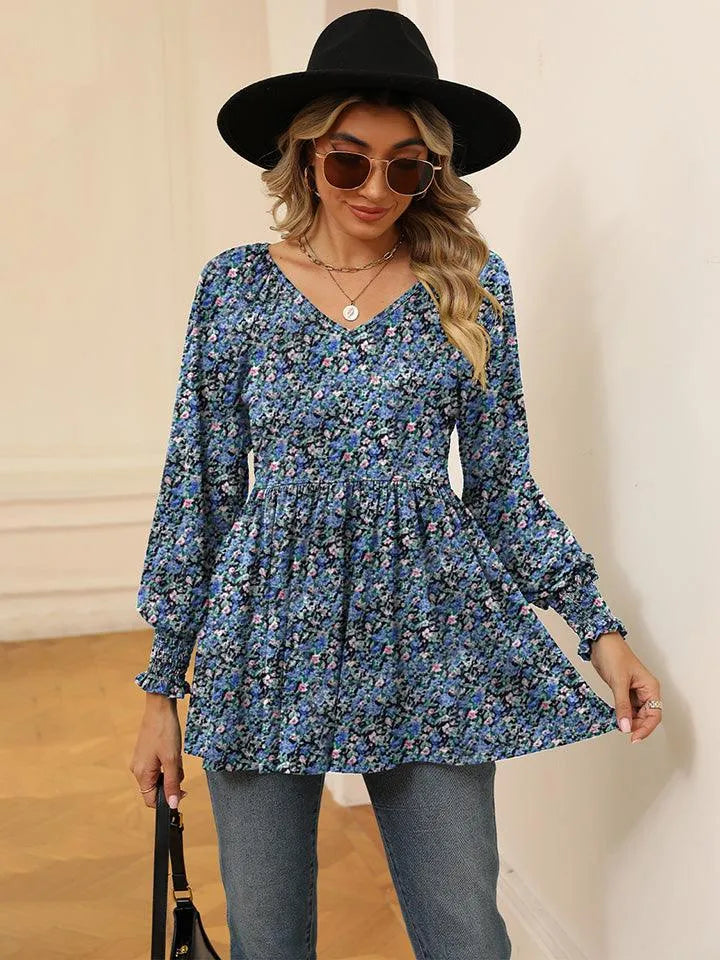 Floral V-Neck Blouse with Lantern Sleeves - Shop Now Jewelry Bubble