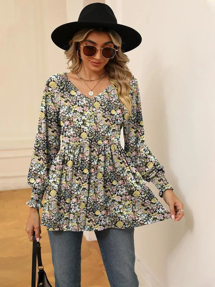 Floral V-Neck Blouse with Lantern Sleeves - Shop Now Jewelry Bubble