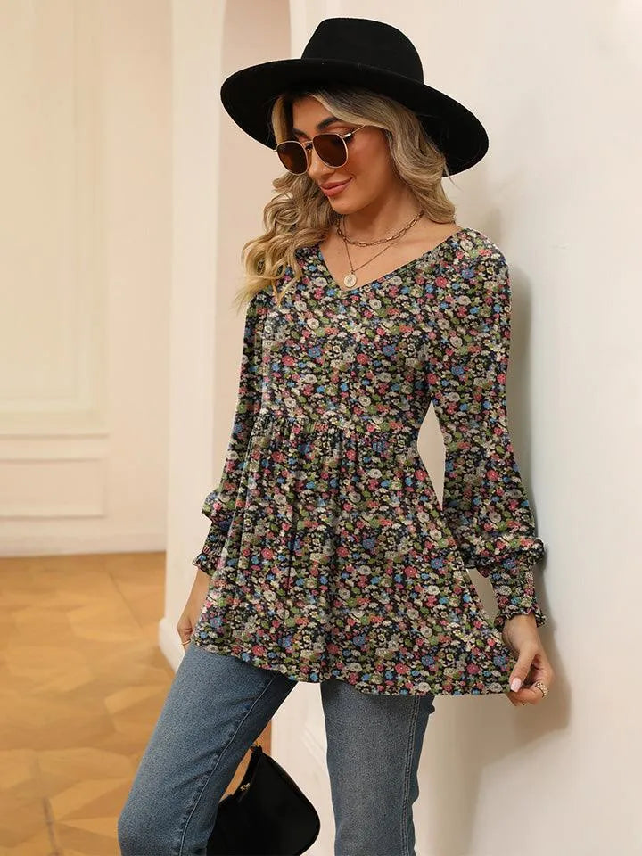 Floral V-Neck Blouse with Lantern Sleeves - Shop Now Jewelry Bubble