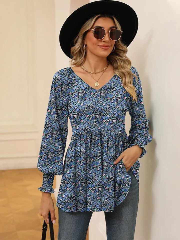 Floral V-Neck Blouse with Lantern Sleeves - Shop Now Jewelry Bubble