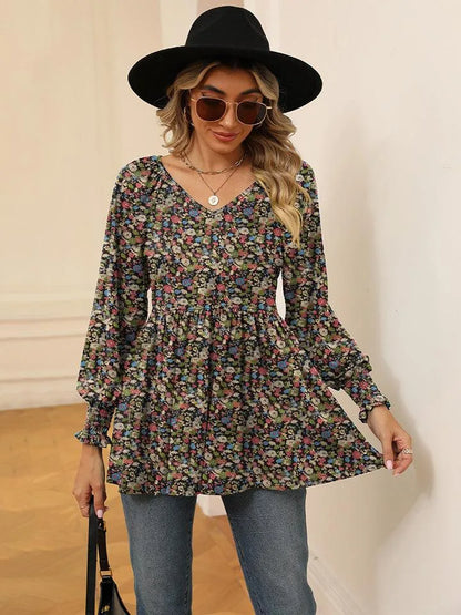 Floral V-Neck Blouse with Lantern Sleeves - Shop Now Jewelry Bubble