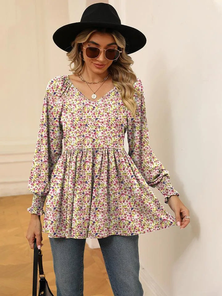 Floral V-Neck Blouse with Lantern Sleeves - Shop Now Jewelry Bubble