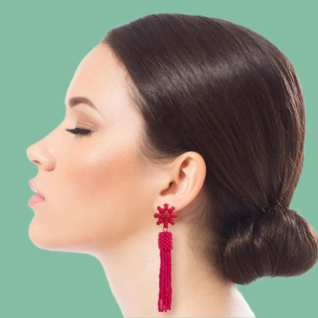 Fuchsia Stud Flower Dangle Tassel Earrings: Elevate Your Style | Buy Now