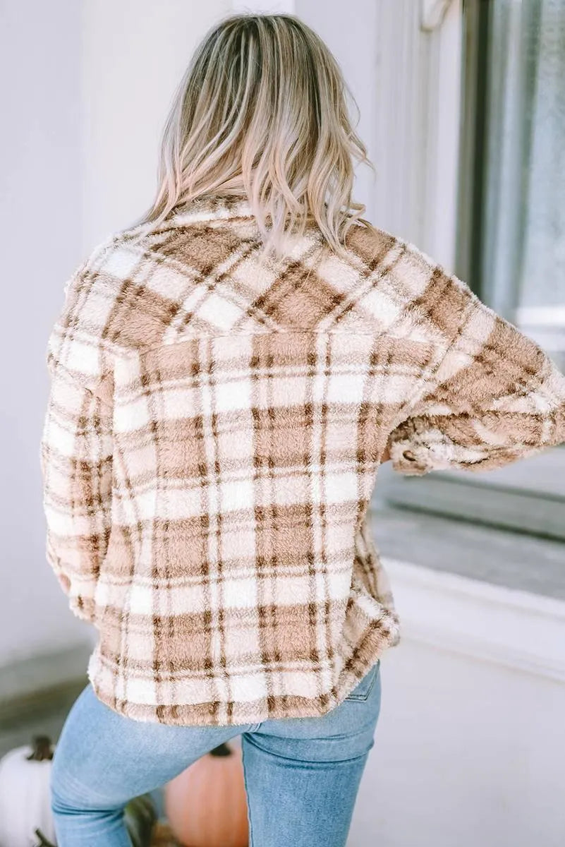 Get Cozy in Style: Shop the Sherpa Plaid Button Jacket for Women Jewelry Bubble