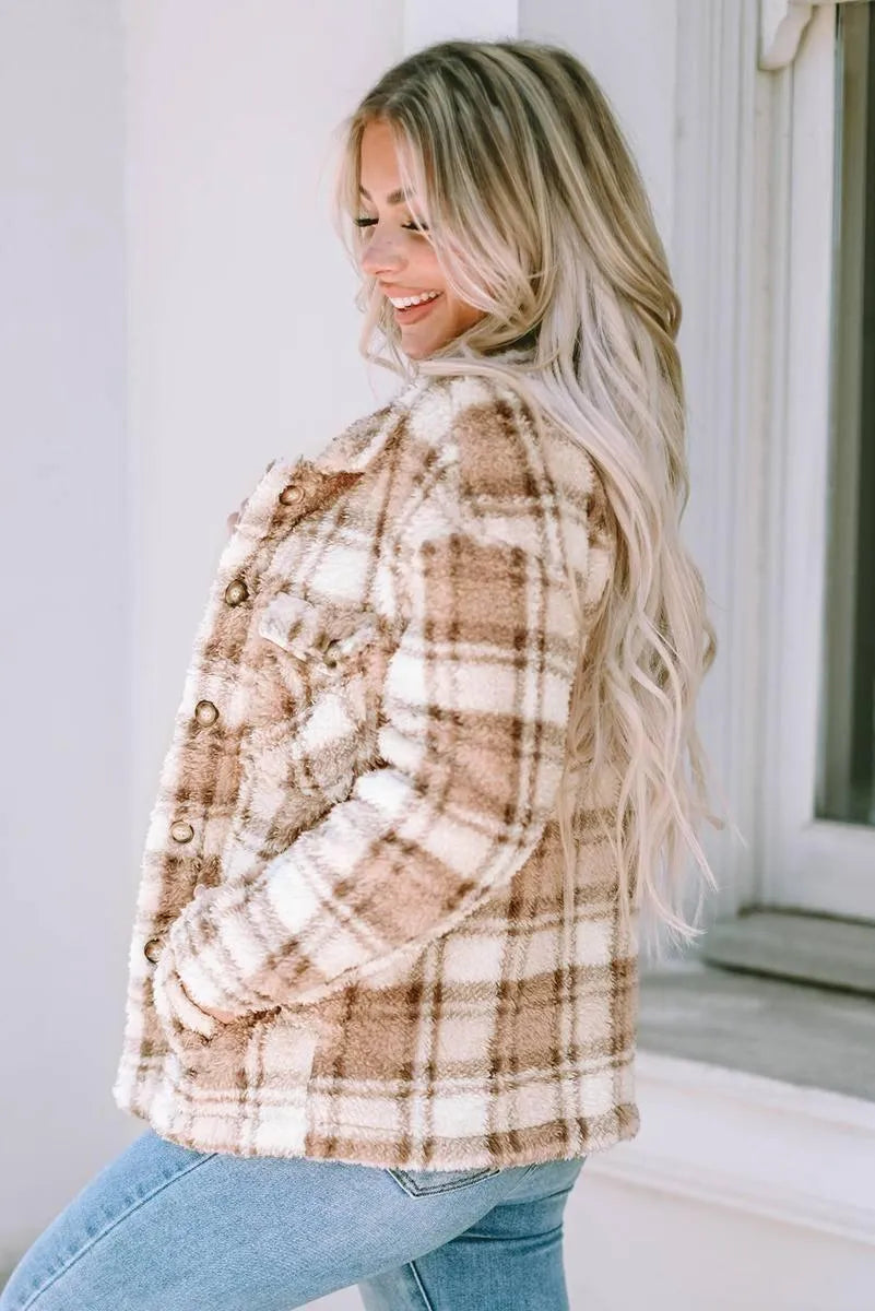 Get Cozy in Style: Shop the Sherpa Plaid Button Jacket for Women Jewelry Bubble