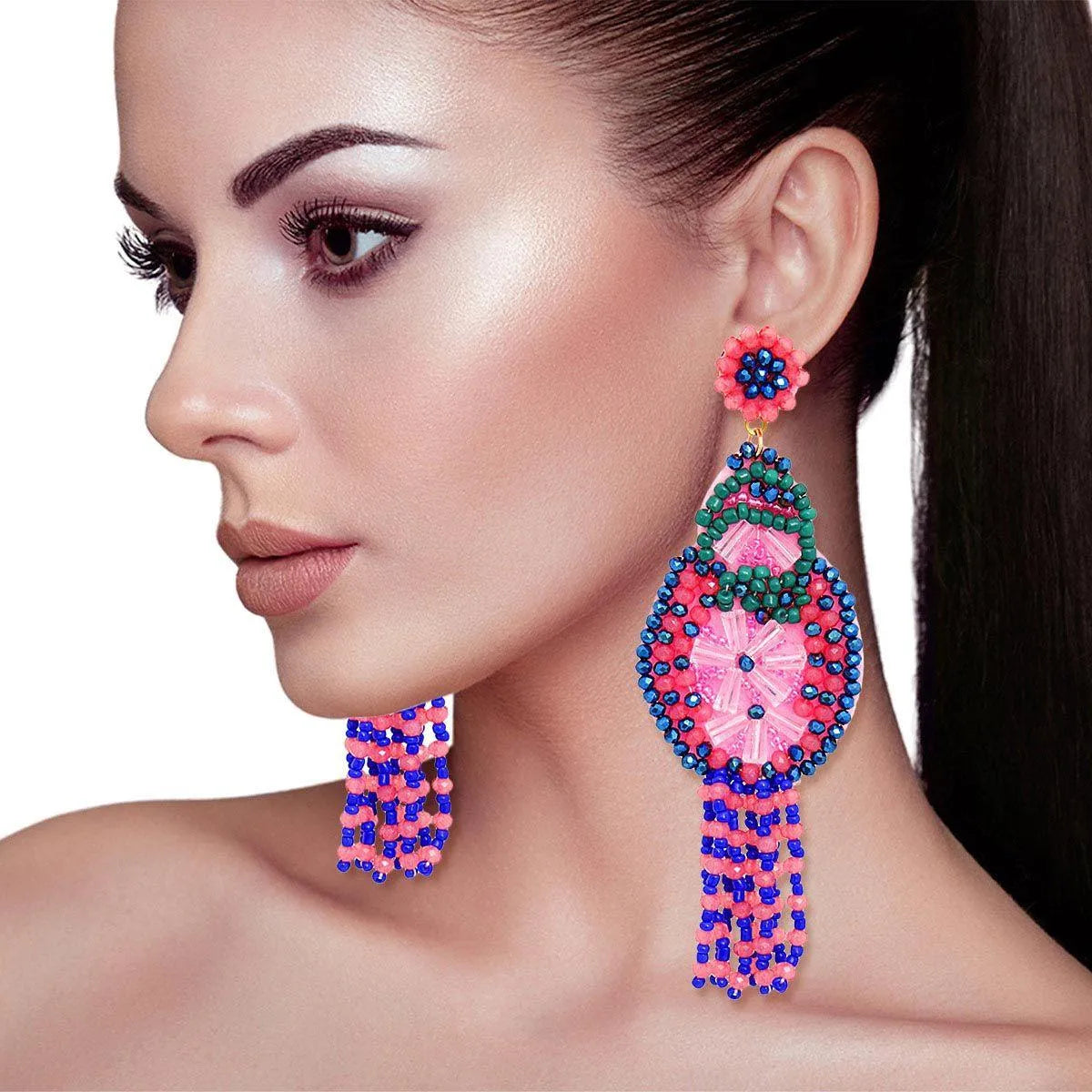 Get Dazzling: Pink, Green & Blue Beaded Earrings with Tassel Detail Jewelry Bubble