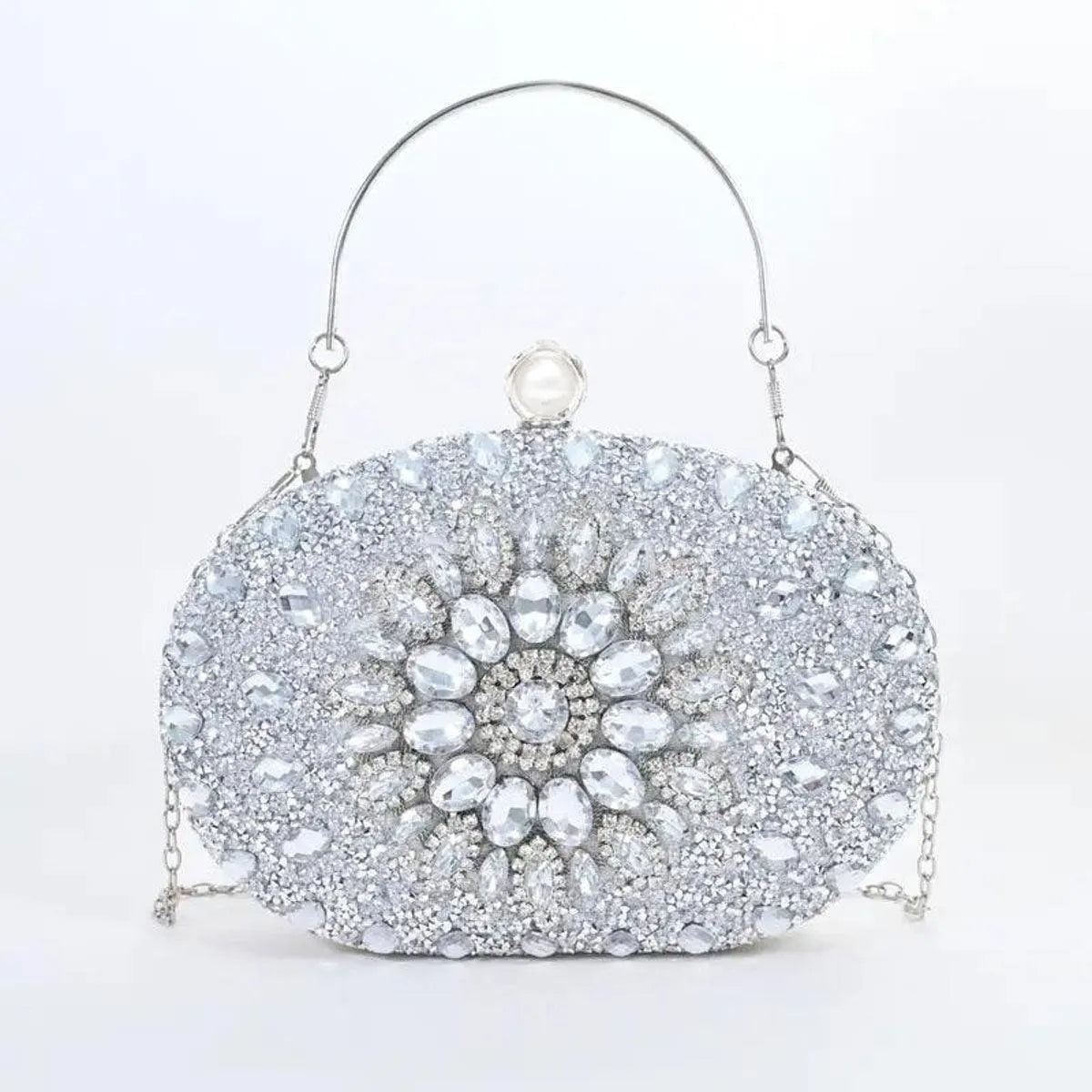 Get Glamorous with Silver Crystal Pearl Clutch for Women Jewelry Bubble