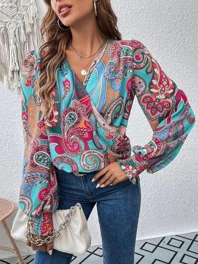 Get Noticed in Style: Printed Surplice Smocked Lantern Sleeve Blouse Jewelry Bubble