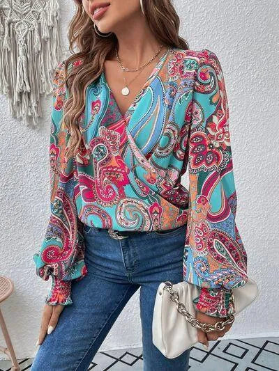 Get Noticed in Style: Printed Surplice Smocked Lantern Sleeve Blouse Jewelry Bubble