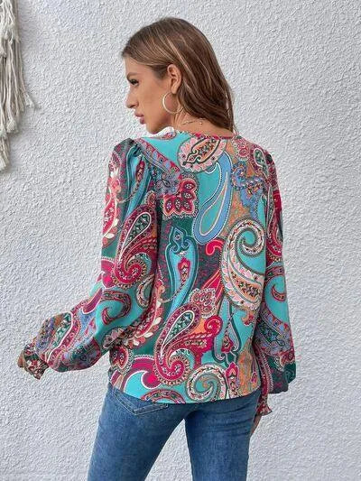 Get Noticed in Style: Printed Surplice Smocked Lantern Sleeve Blouse Jewelry Bubble