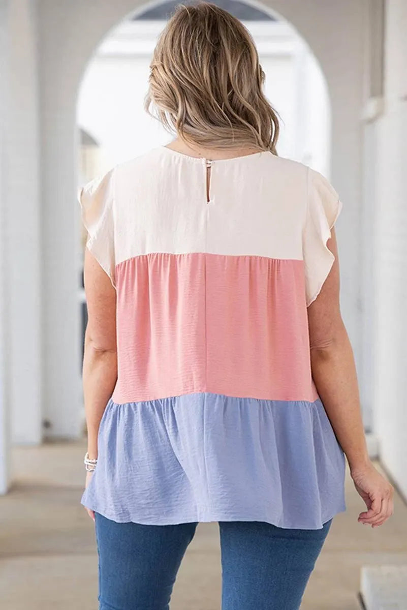 Get Noticed in Style with our Plus Size Colorblock Ruffle Top Jewelry Bubble