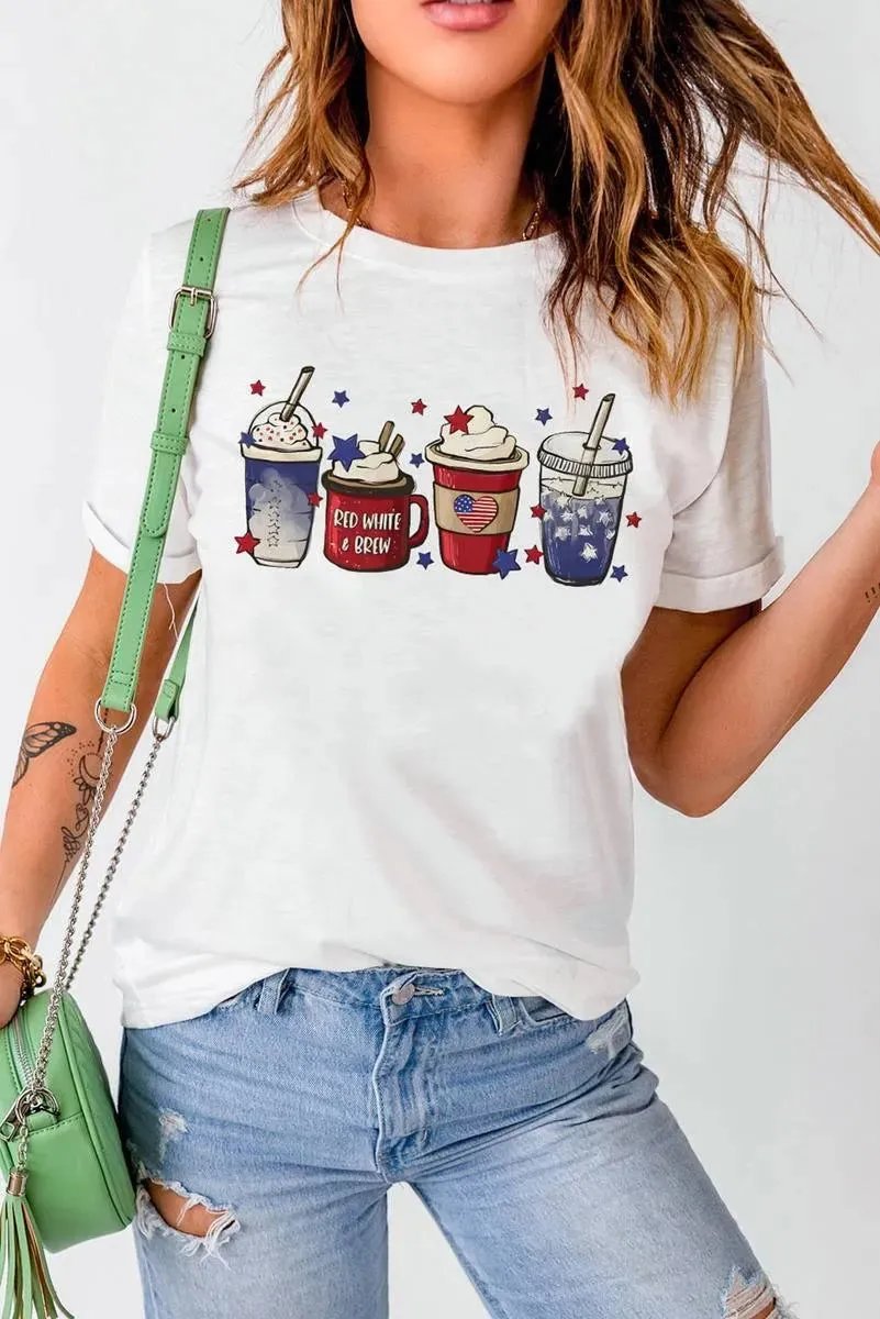 Get Ready to Sip in Style with Our 4th of July Coffee Cups Graphic T-Shirt for Ladies