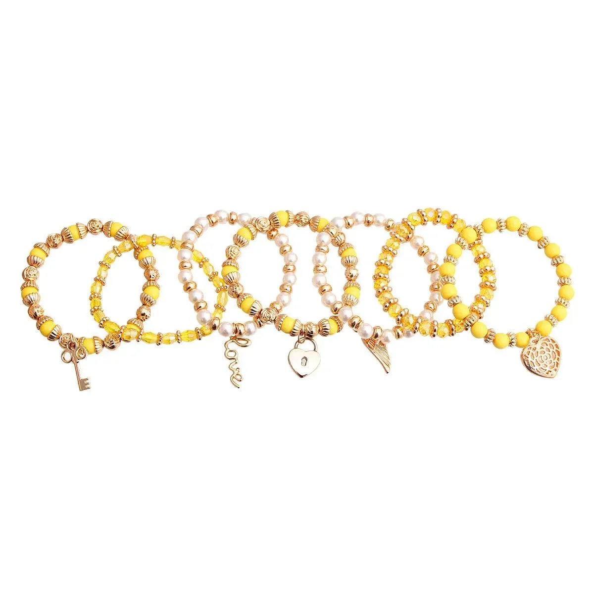 Get Stunning Yellow & Faux Pearl Love Charm Bracelets - Shop Now!