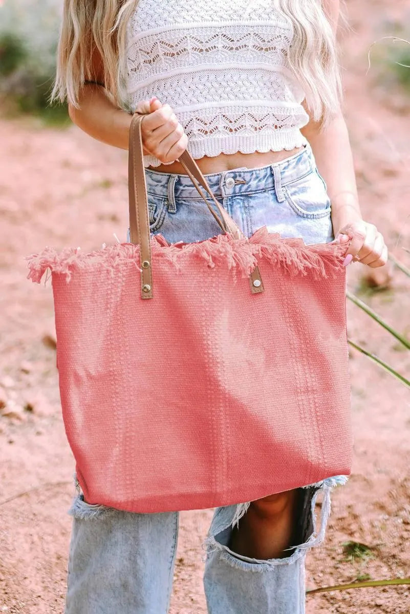 Get Summer-Ready with Our Raw Hem Canvas Pink Tote Bag Jewelry Bubble