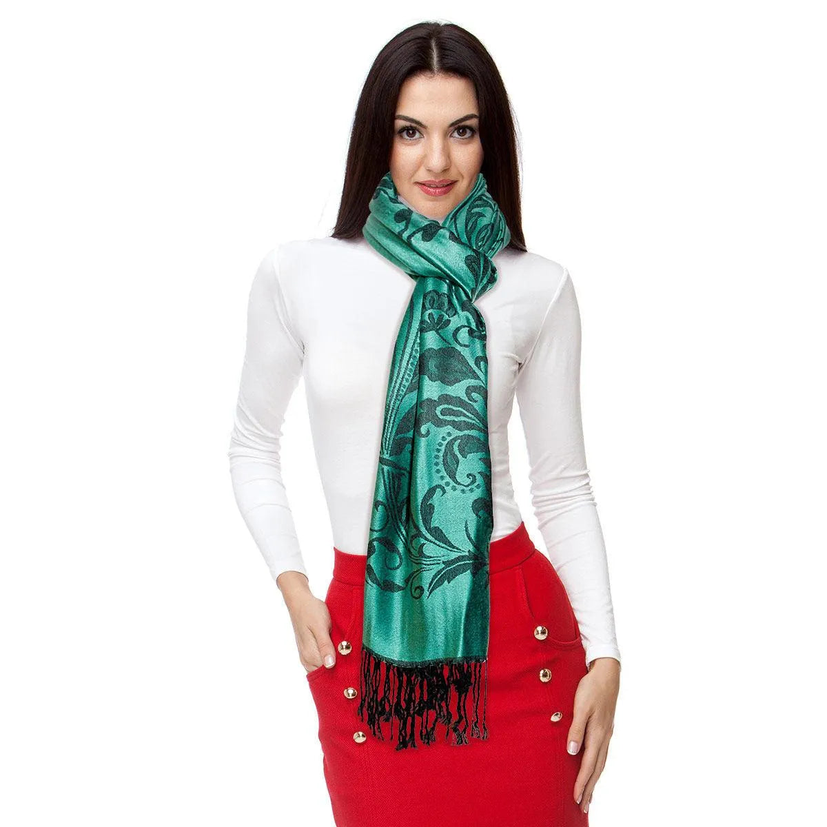 Get cozy and fashionable with our Pashmina Green Flower Fringe Scarf for Women Jewelry Bubble