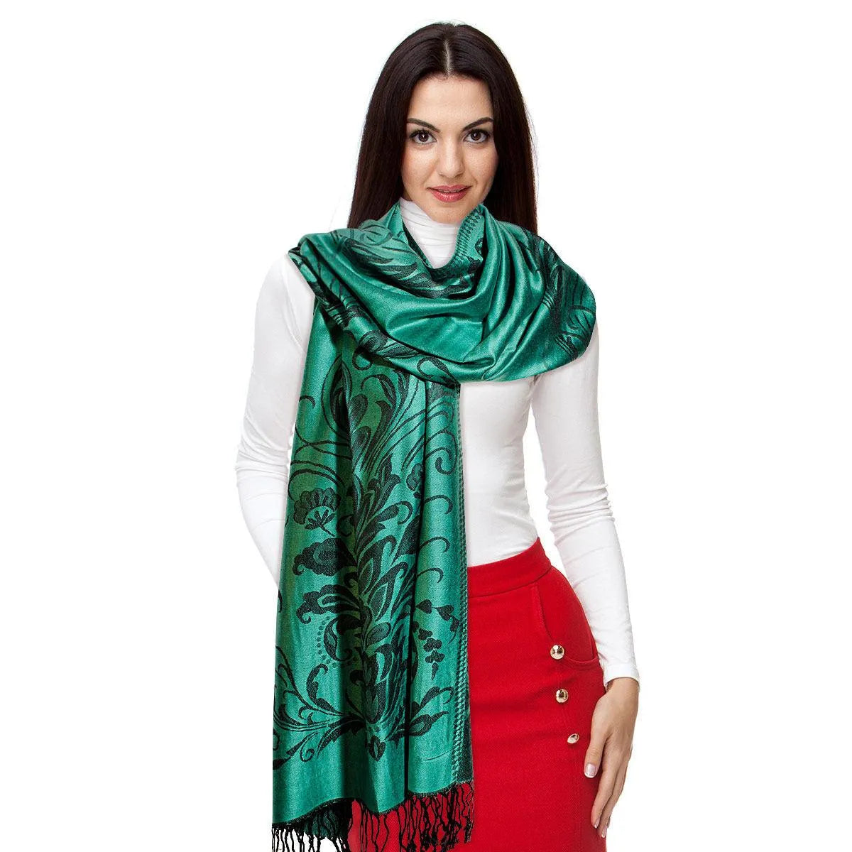 Get cozy and fashionable with our Pashmina Green Flower Fringe Scarf for Women Jewelry Bubble