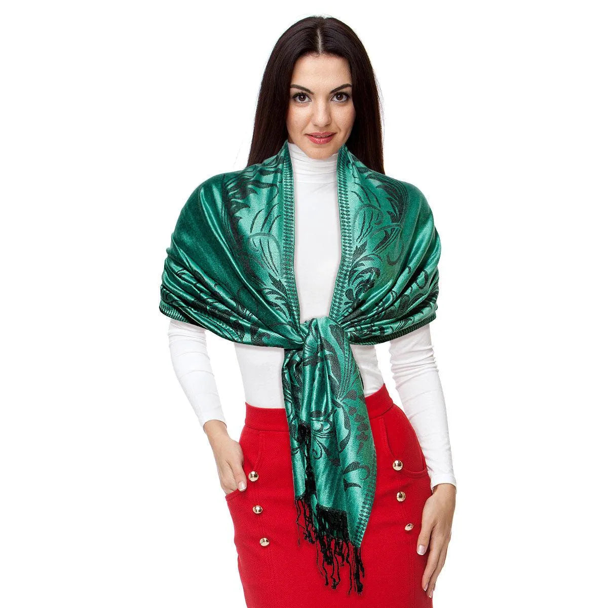 Get cozy and fashionable with our Pashmina Green Flower Fringe Scarf for Women Jewelry Bubble