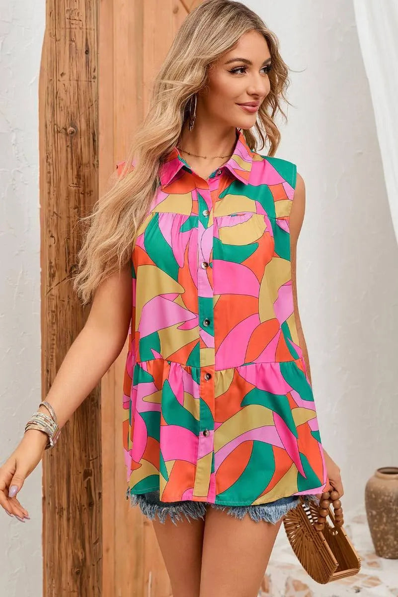 Get groovy with this Abstract Geometric Print Sleeveless Shirt Jewelry Bubble