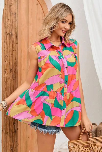 Get groovy with this Abstract Geometric Print Sleeveless Shirt Jewelry Bubble