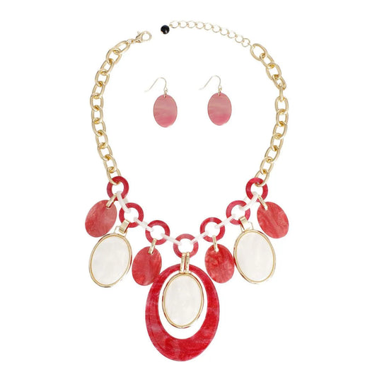 Get the Look: Stunning Red and White Oval Swirl Dangle Necklace Set Jewelry Bubble