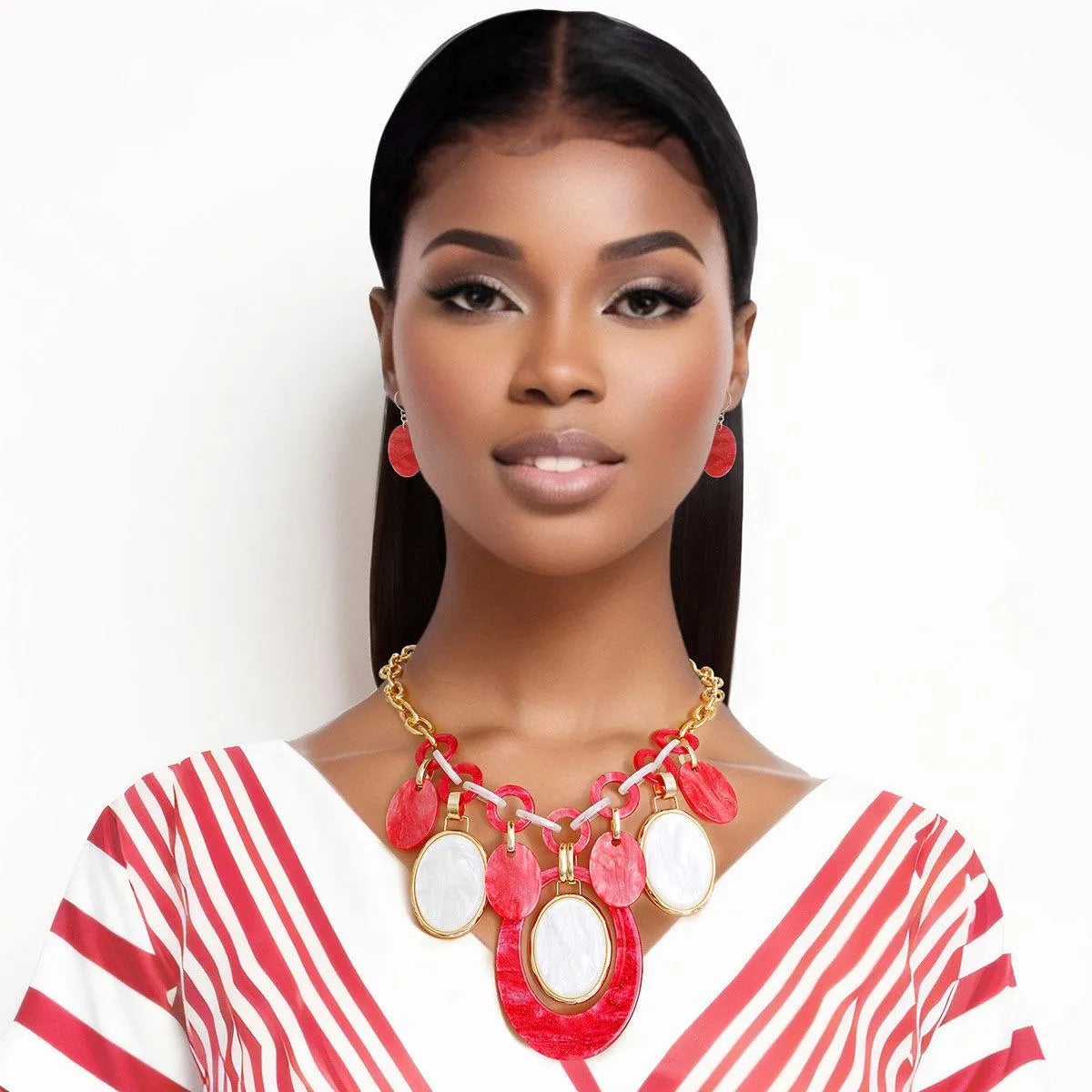 Get the Look: Stunning Red and White Oval Swirl Dangle Necklace Set Jewelry Bubble