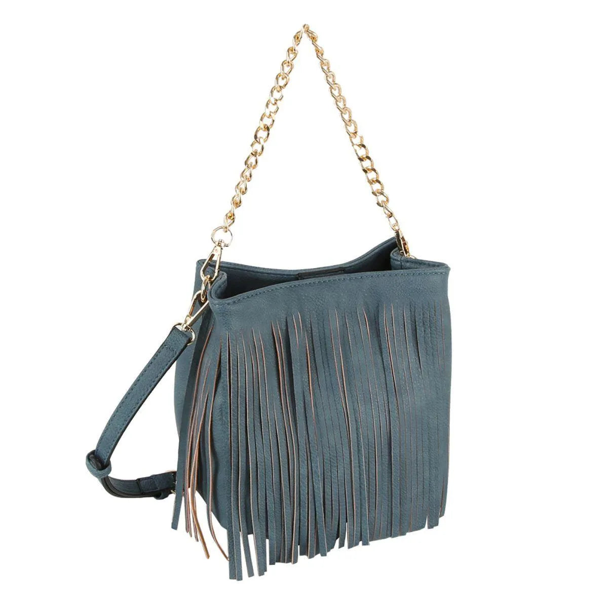 Get the Perfect Denim-blue Faux Leather Fringe Handbag for Women Jewelry Bubble