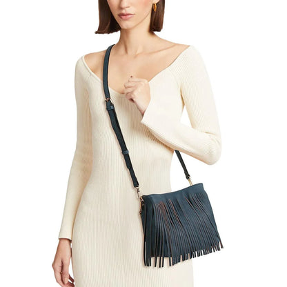 Get the Perfect Denim-blue Faux Leather Fringe Handbag for Women Jewelry Bubble