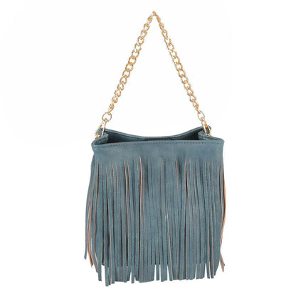 Get the Perfect Denim-blue Faux Leather Fringe Handbag for Women Jewelry Bubble