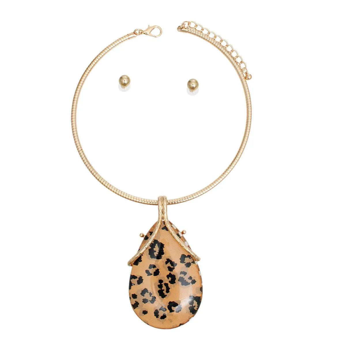 Gold-Tone Ribbed Collar Necklace Set with Leopard Print Pendant Jewelry Bubble