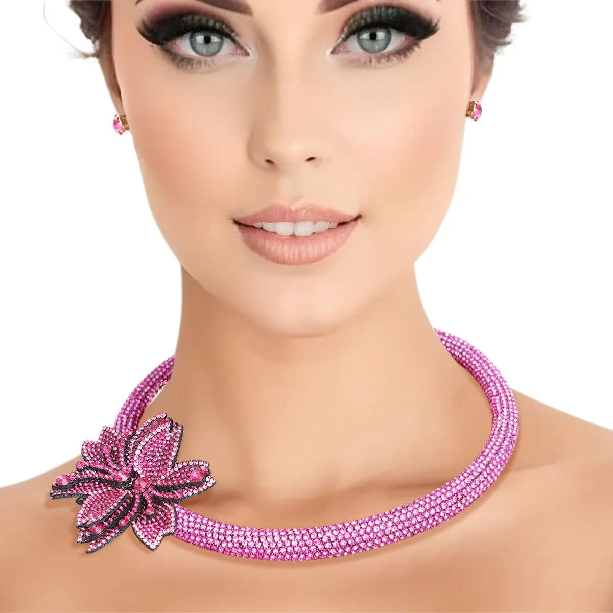 Grab the Latest Dazzling Fuchsia-pink Flower Necklace Set Jewelry Bubble