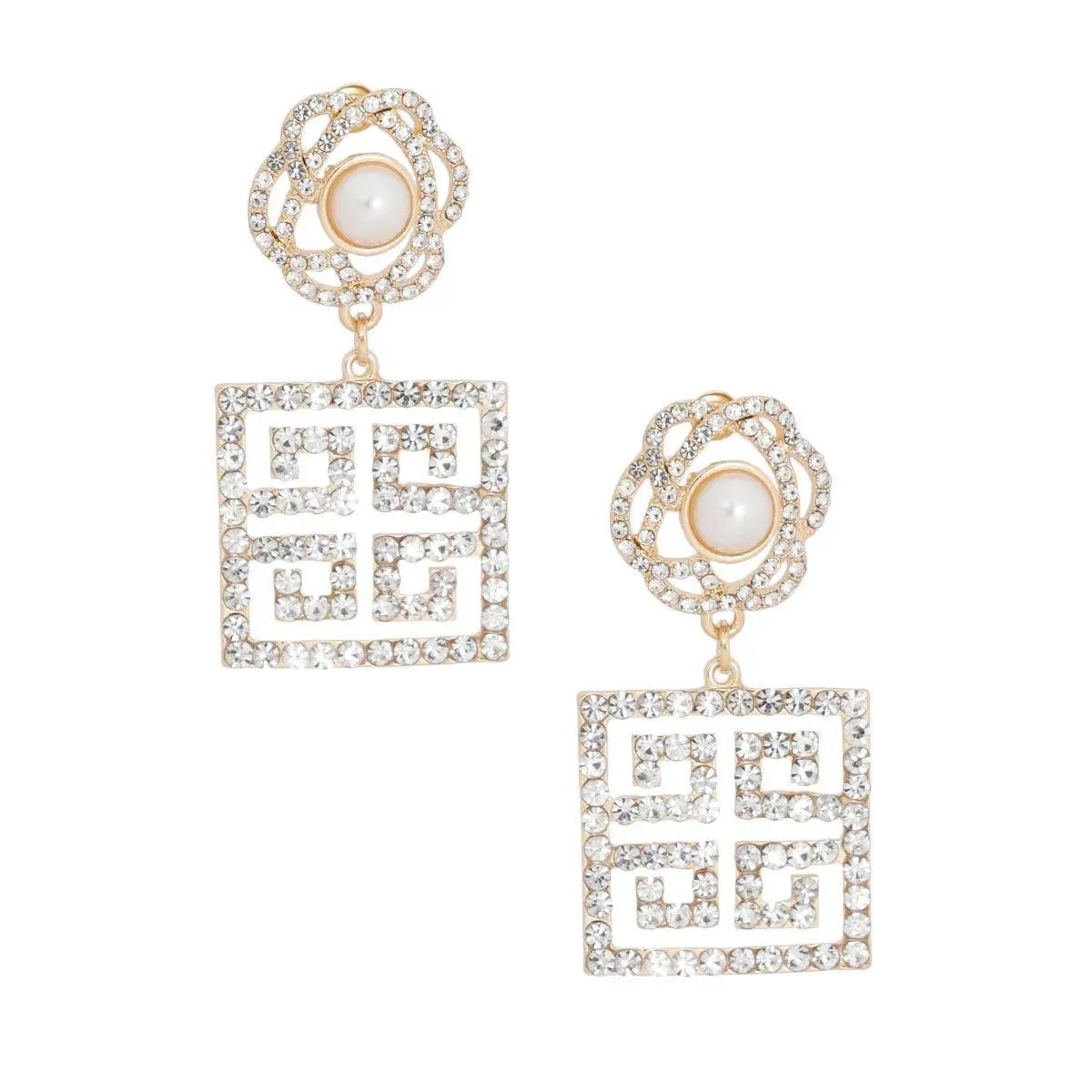 Greek Key Earrings Alert: Gold Tone Floral Studs with Pearl - Shop Now!