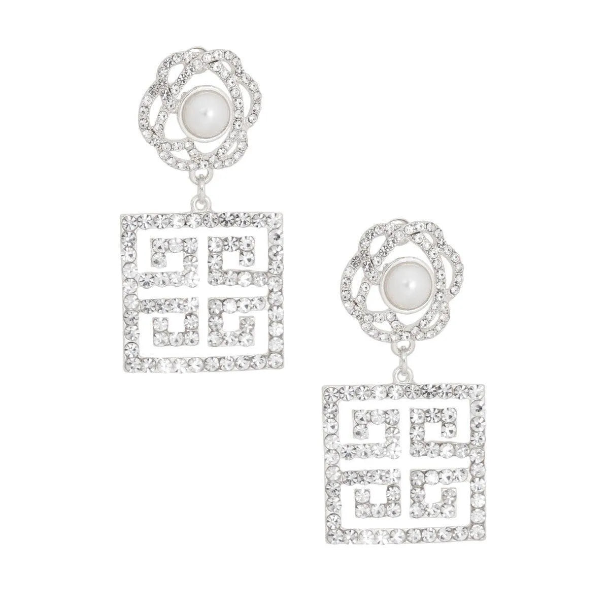 Greek Key Earrings Alert: Silver Tone Floral Studs with Pearl - Shop Now! Jewelry Bubble