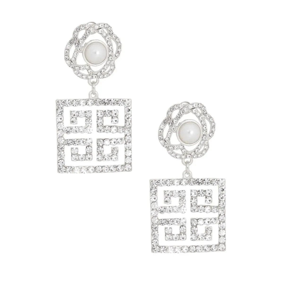 Greek Key Earrings Alert: Silver Tone Floral Studs with Pearl - Shop Now!
