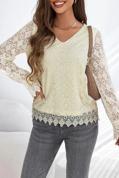 Ivory V-Neck Blouse: Long Sleeve Chic Style Jewelry Bubble