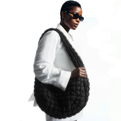 Ladies On-Trend Oversized Black Crossbody Bag with Puffy Quilted Texture Jewelry Bubble