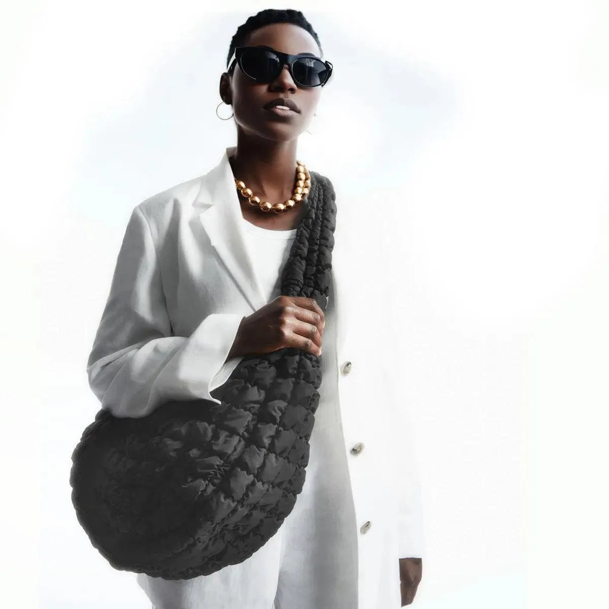 Ladies On-Trend Oversized Black Crossbody Bag with Puffy Quilted Texture