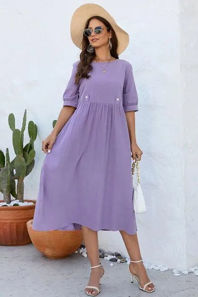 Lavender Ruched Dress: Stylish Round Neck Half Sleeve Jewelry Bubble