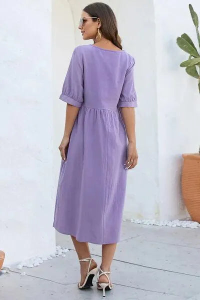 Lavender Ruched Dress: Stylish Round Neck Half Sleeve Jewelry Bubble